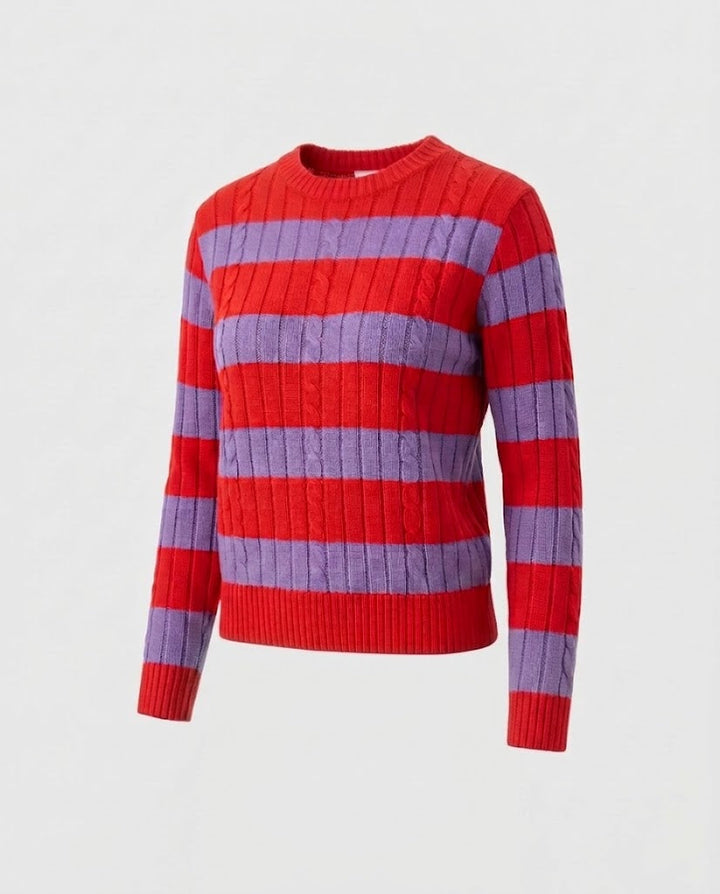 Damen Gestreifter gerippter Cropped-Pullover mit Rundhalsausschnitt Drune