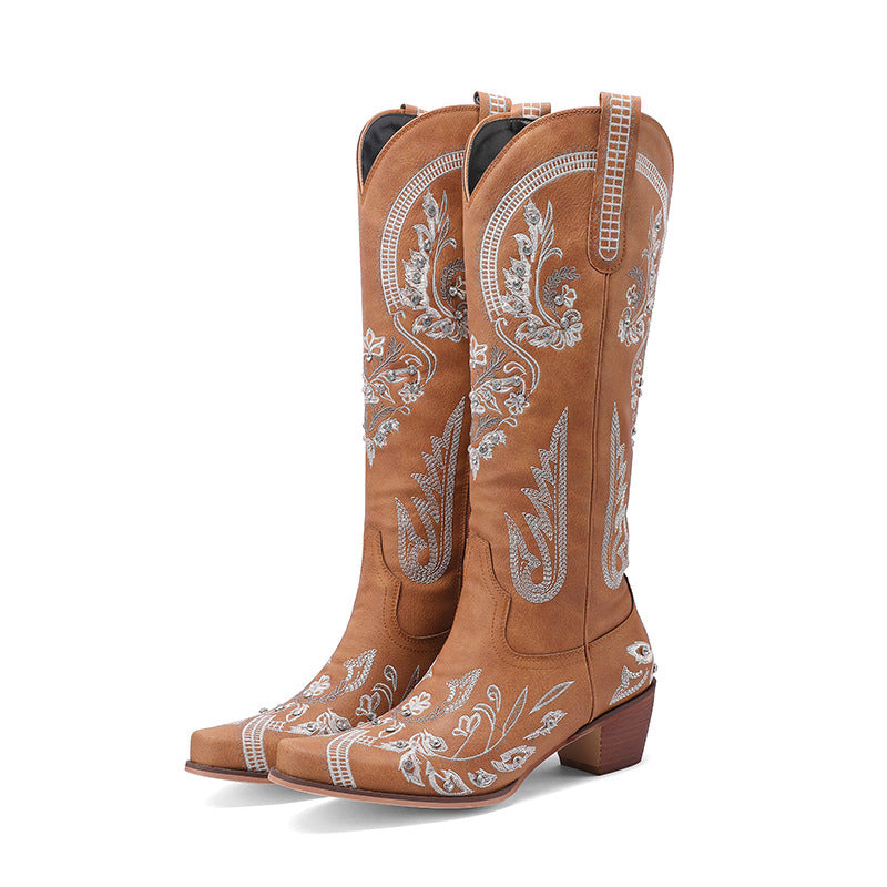 Drune | Bestickte Western Denim Retro Damen Knielange Stiefel