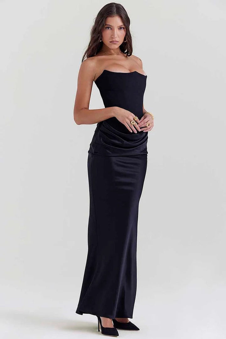 Drune | Elegante Bustier-Patchwork Formelle Party Fishtail Maxi Kleider-Schwarz