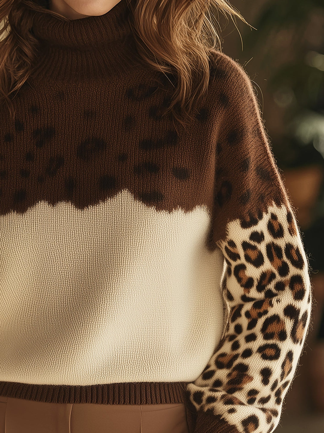 Drune | Leopardenmuster Strickpullover Elegant und Modern Hochkragen Design