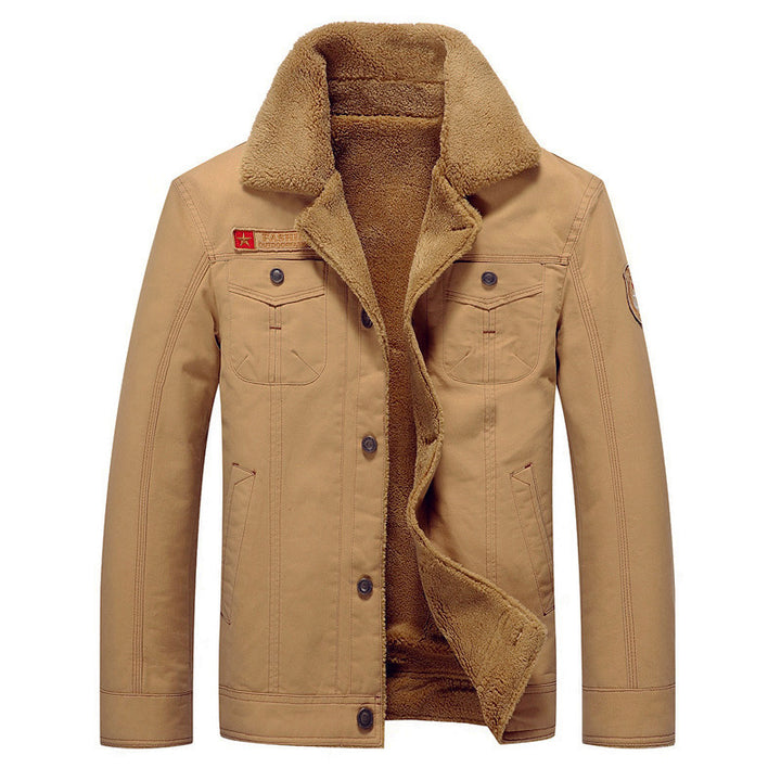 Herren Canvas-Truckerjacke mit Teddyfutter, hohem Umlegekragen und Utility-Taschen Drune