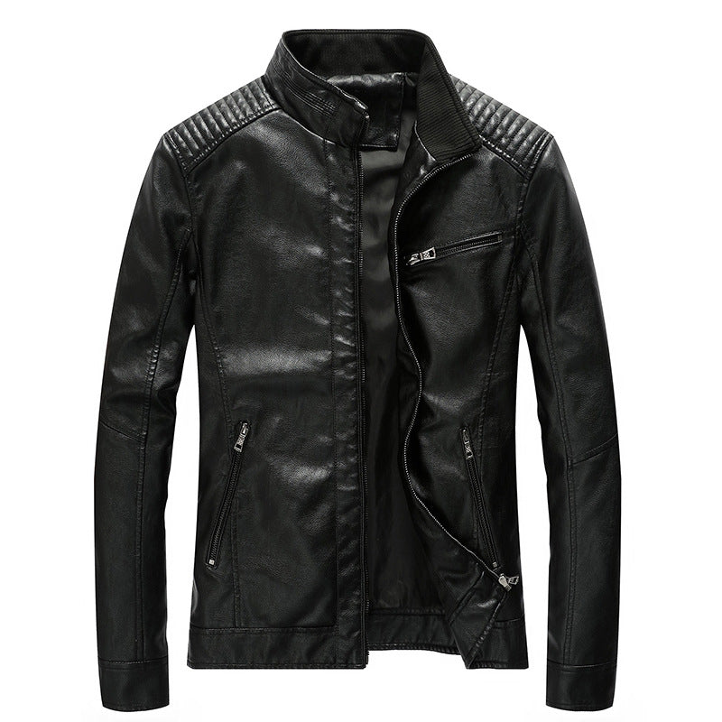 Herren Kunstleder-Bikerjacke mit Stehkragen und gesteppter Schulterpartie Drune