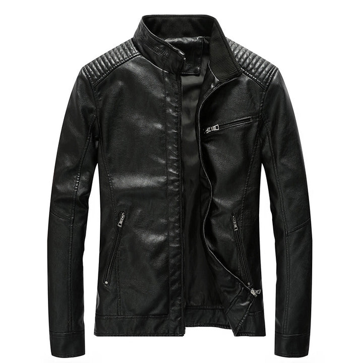 Herren Kunstleder-Bikerjacke mit Stehkragen und gesteppter Schulterpartie Drune