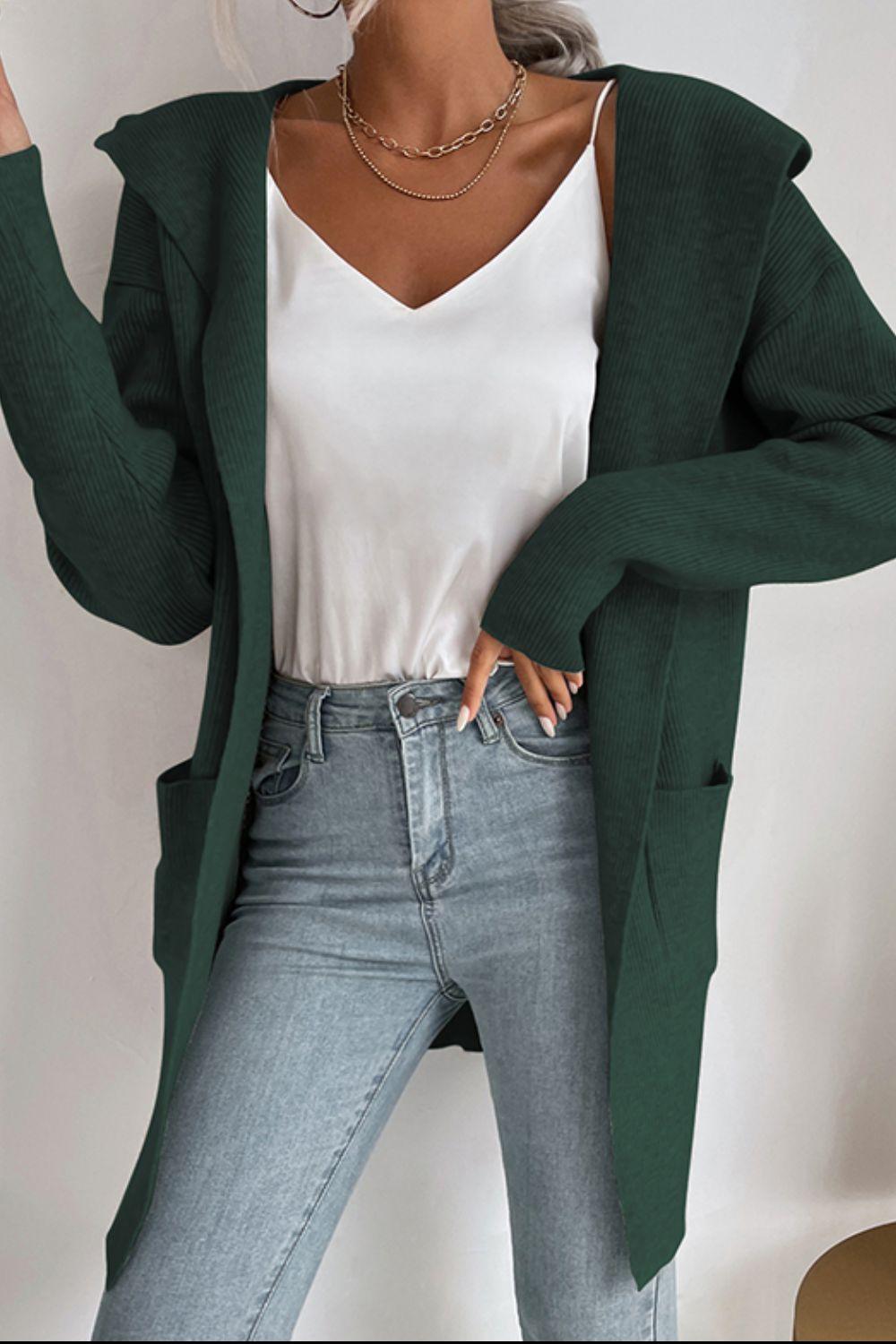 Drune | geripptes offen-front Cardigan mit Kapuze und Taschen