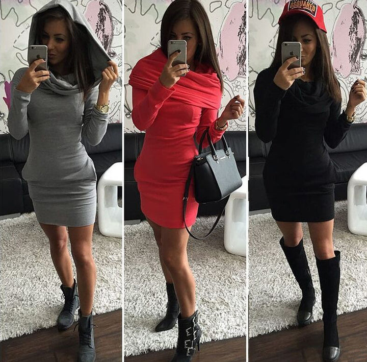 Damen Kapuzenkleid mit elegantem Rollkragen und figurbetonendem Schnitt Drune