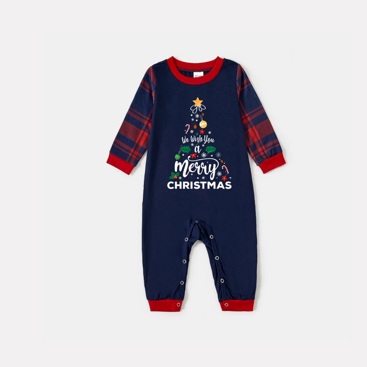 Drune | "We Wish You a Merry Christmas" Bedrucktes Blau Langarmshirt Mit Blau & Rotem Karomuster Familie Passende Pyjamas