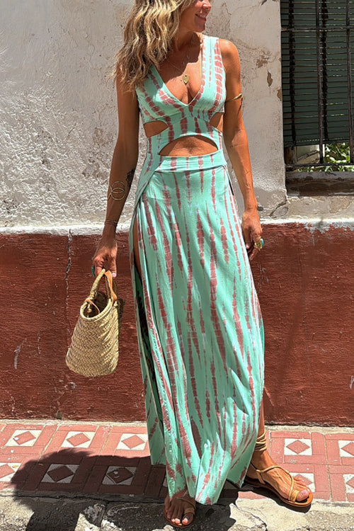 Drune | Rosiedress V-Ausschnitt ärmellos Cut Out Taille Seitenschlitz Batik Maxi Kleid