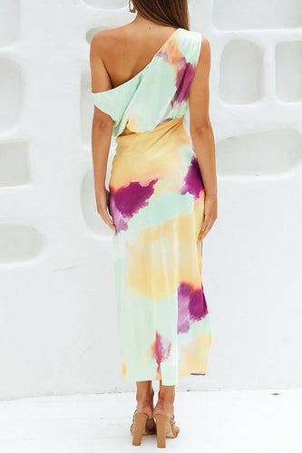 Drune | Asymmetrisches Schulter Tailliertes Batik Schlitz Maxikleid