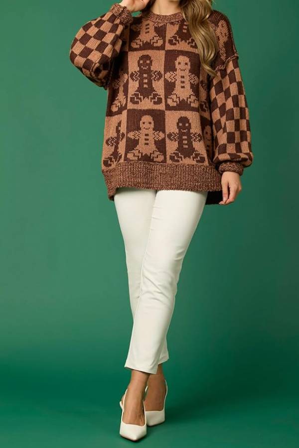 Drune | Weihnachtslebkuchenmann Rundhalsausschnitt Langarm Lockere Strickpullover
