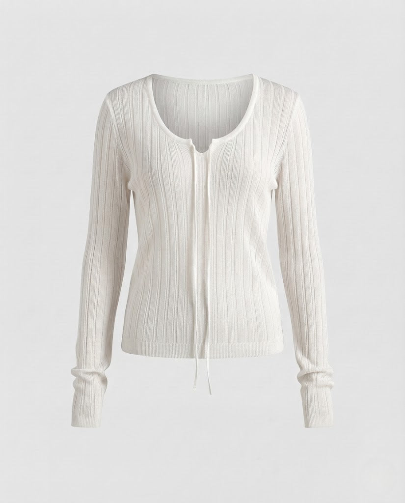 Damen Transparentes geripptes Feinstrick-Cardigan mit Kordelzug und V-Ausschnitt Drune