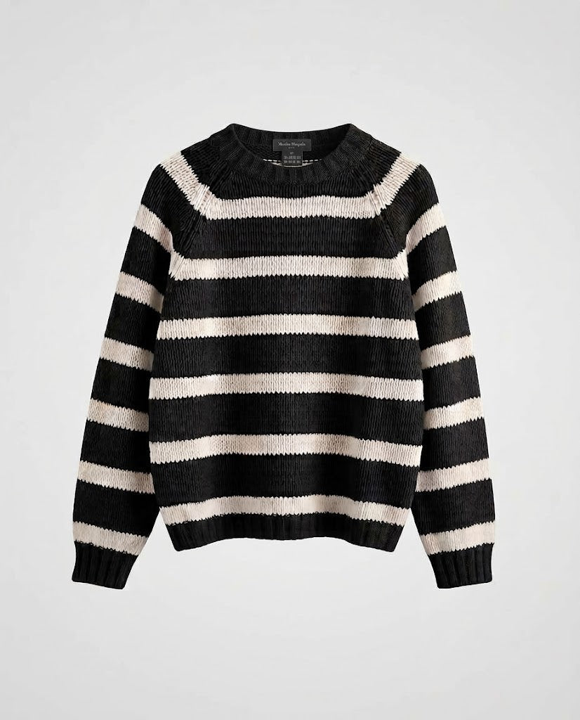 Damen Gestreifter Boxy-Strickpullover mit grober Masche und Rundhalsausschnitt Drune