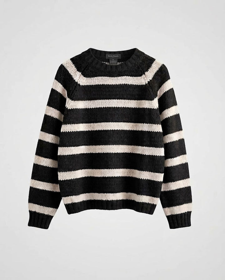 Damen Gestreifter Boxy-Strickpullover mit grober Masche und Rundhalsausschnitt Drune