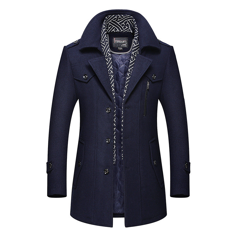 Herren mittellanger Wollmix-Mantel mit gesteppter Innenjacke, Schulterklappen und Reißverschluss-Brusttasche Drune