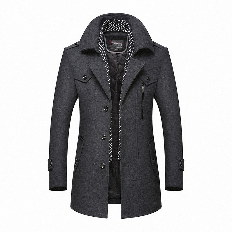 Herren mittellanger Wollmix-Mantel mit gesteppter Innenjacke, Schulterklappen und Reißverschluss-Brusttasche Drune