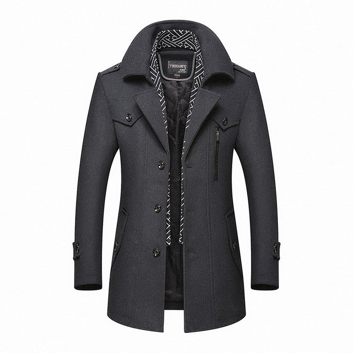 Herren mittellanger Wollmix-Mantel mit gesteppter Innenjacke, Schulterklappen und Reißverschluss-Brusttasche Drune