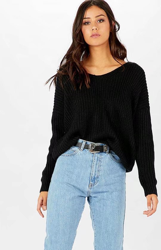 Damen lässiger Grobstrickpullover mit weitem Schnitt und V-Ausschnitt Drune