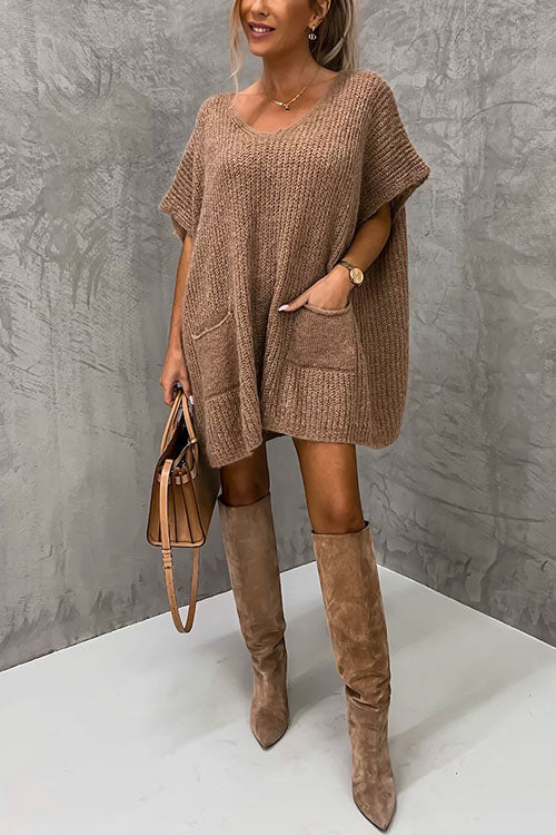 Drune | Rosiedress Oversized V-Ausschnitt Kurzarm Täschensweater