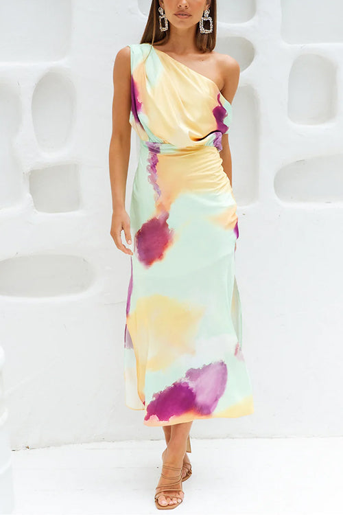 Drune | Asymmetrisches Schulter Tailliertes Batik Schlitz Maxikleid