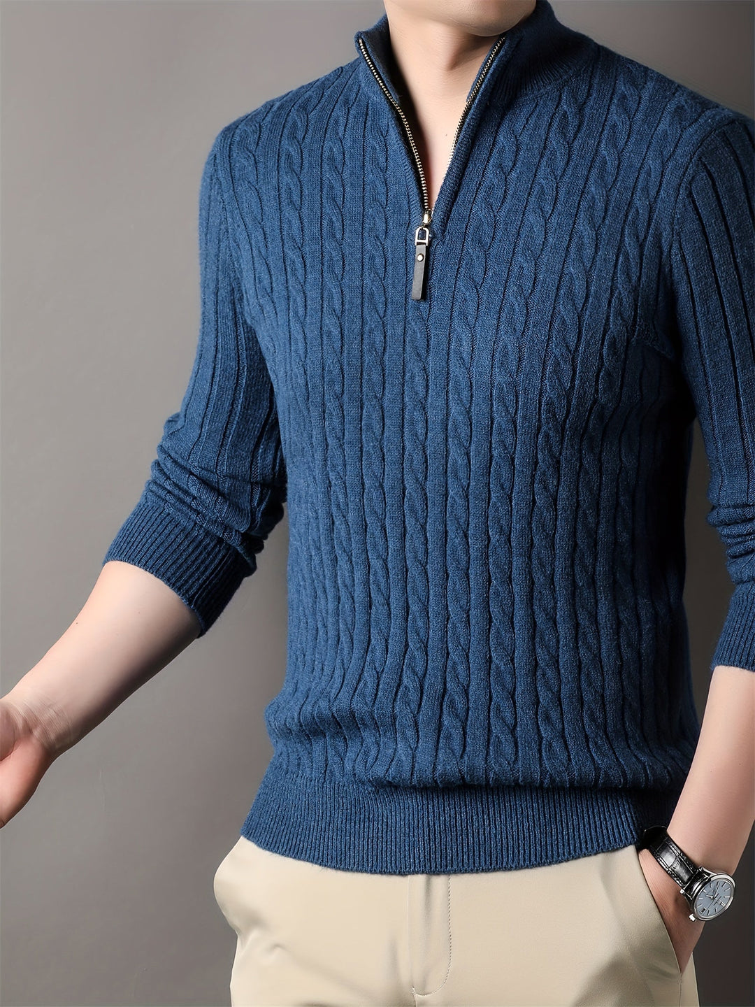 Drune | Lässiger Herrenpullover aus Zopfstrick mit Reißverschluss