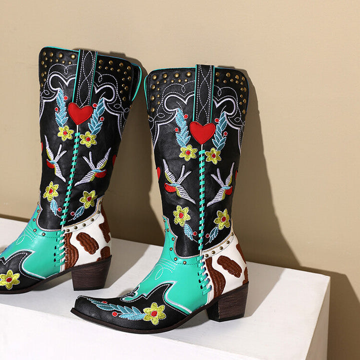 Drune | Denim Western Schuhe Damen Leder Stiefel Fantastische Stickerei