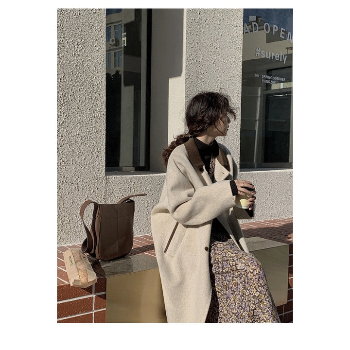 Drune | Wollmischung lange Jacke mit braunem Kragen für Damen - Ambra