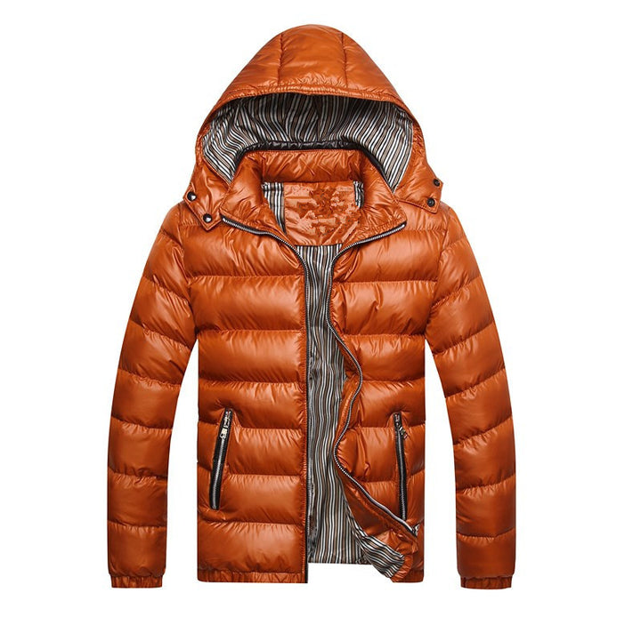 Herren Wattierte Kapuzen-Steppjacke mit glänzender Nylonoptik und kontrastierenden Reißverschlüssen Drune