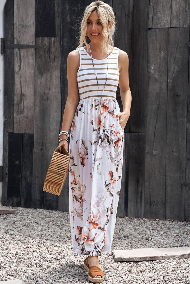 Drune | Gestreiftes Floral Rundhals Ärmelloses Maxikleid