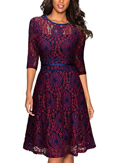 Damen Spitzen-A-Linienkleid knielang mit transparentem Oberteil und dreiviertelärmeln Drune