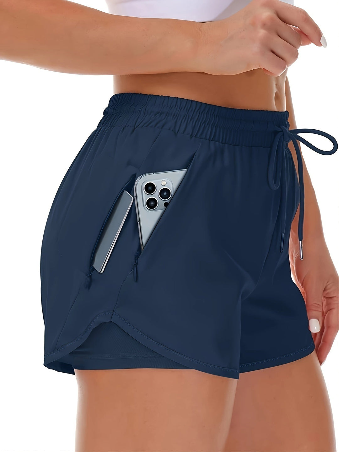 Drune | Sportliche 2 in 1 Lauf Fitnessshorts in Einfarbig Mit Mehreren Taschen