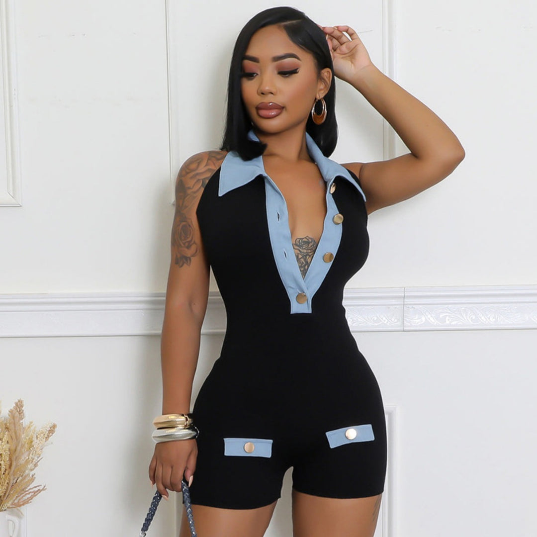 Drune | Polokragen Denim kontrastierenden Jumpsuit Shorts