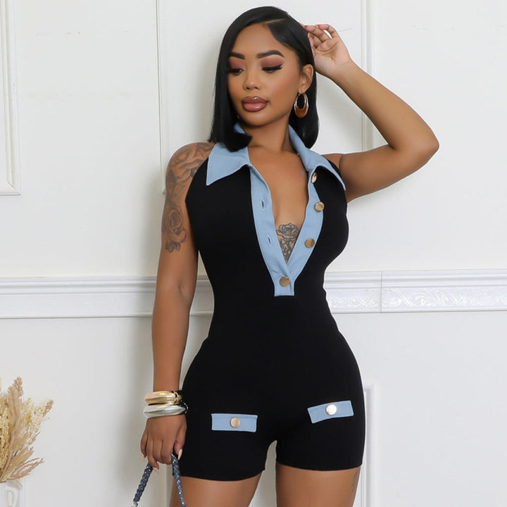 Drune | Polokragen Denim kontrastierenden Jumpsuit Shorts