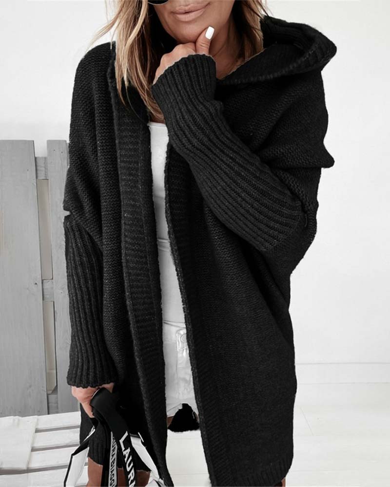 Drune | Schlichte Einfarbige Strickjacke mit Fledermaus Kapuze