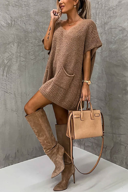 Drune | Rosiedress Oversized V-Ausschnitt Kurzarm Täschensweater