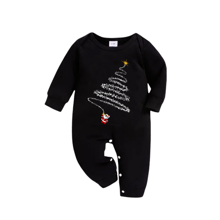 Drune | Weihnachtsmann und Weihnachtsbaum Druck Schwarzes Langarmoberteil mit Grün und Schwarz Karierter Familie passende Pyjamas
