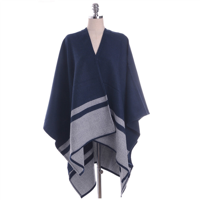 Damen Oversize-Ruana im kastigen Cape‑Schnitt mit kontrastierender Bordüre Drune