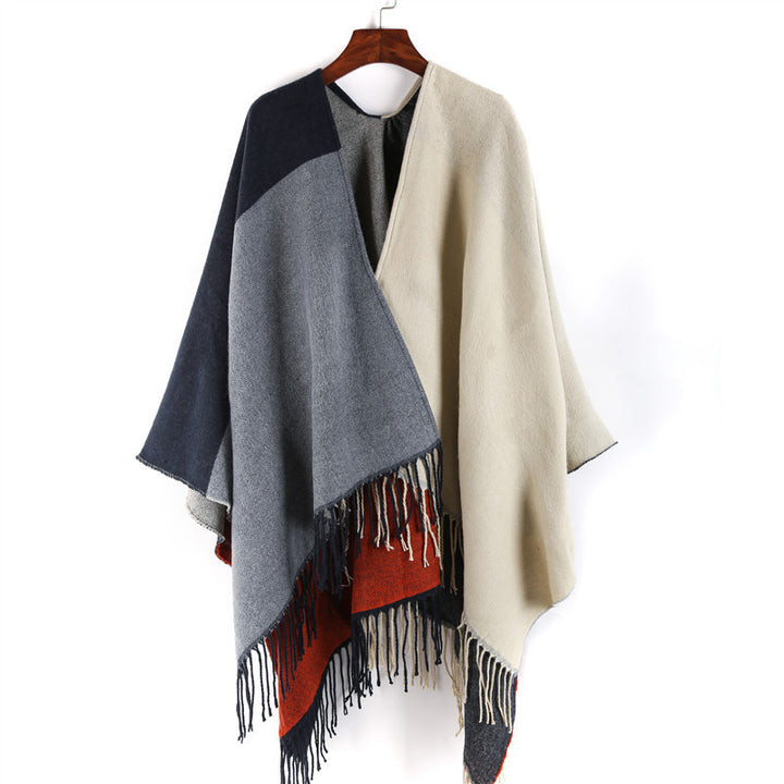 Damen Wendbarer Capeponcho im Blockstreifen-Look mit Fransen Drune