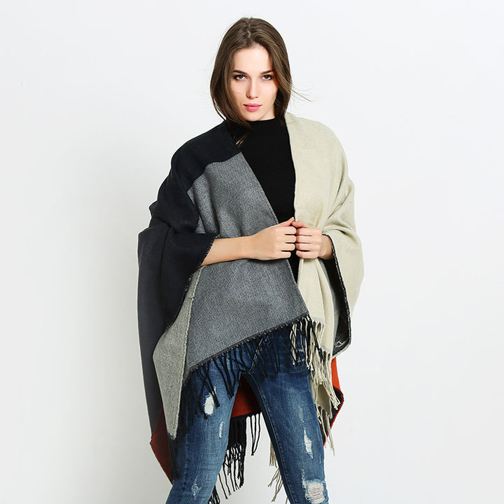 Damen Wendbarer Capeponcho im Blockstreifen-Look mit Fransen Drune