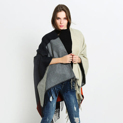 Damen Wendbarer Capeponcho im Blockstreifen-Look mit Fransen Drune