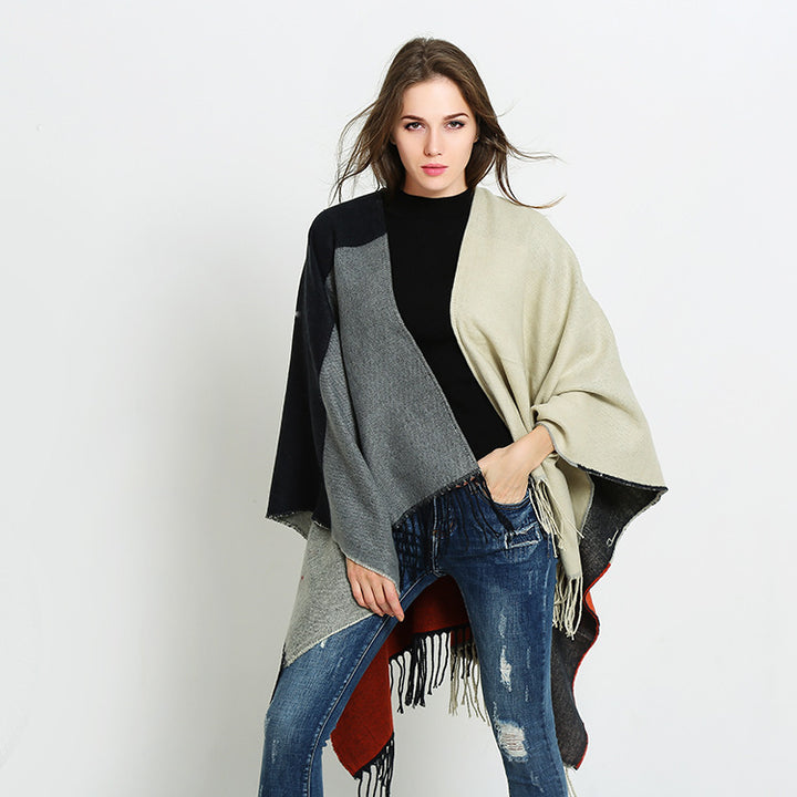 Damen Wendbarer Capeponcho im Blockstreifen-Look mit Fransen Drune