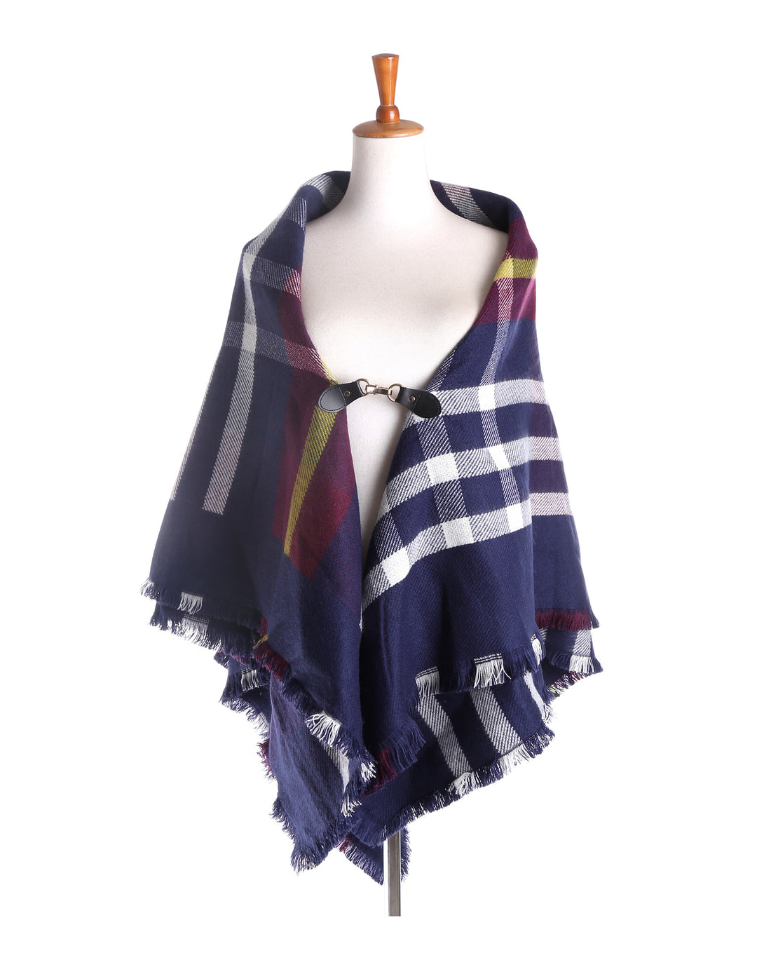 Damen Karierter Capeponcho aus Wollmix mit Steckverschluss und Fransensaum Drune