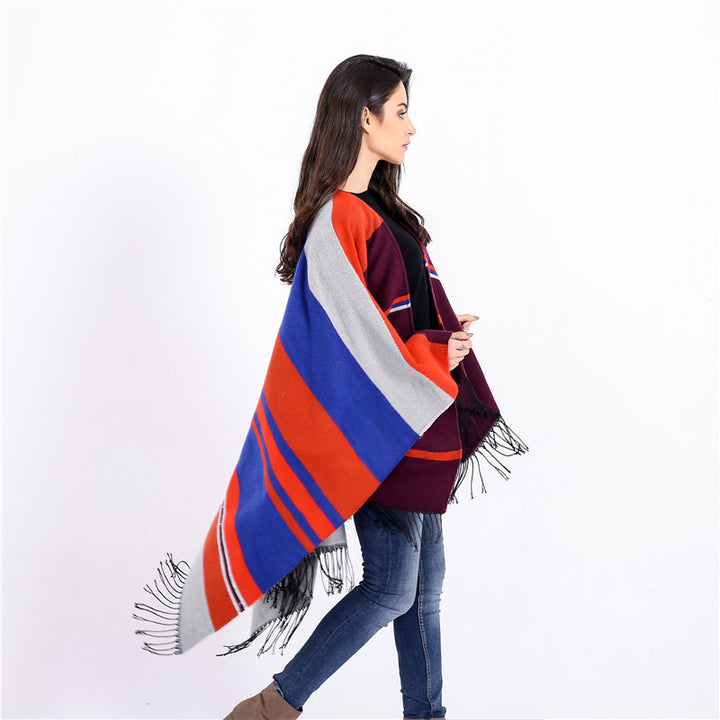 Damen Oversize-Ruana‑Überwurf aus Wollmix mit Zipfelsaum und Fransensaum Drune