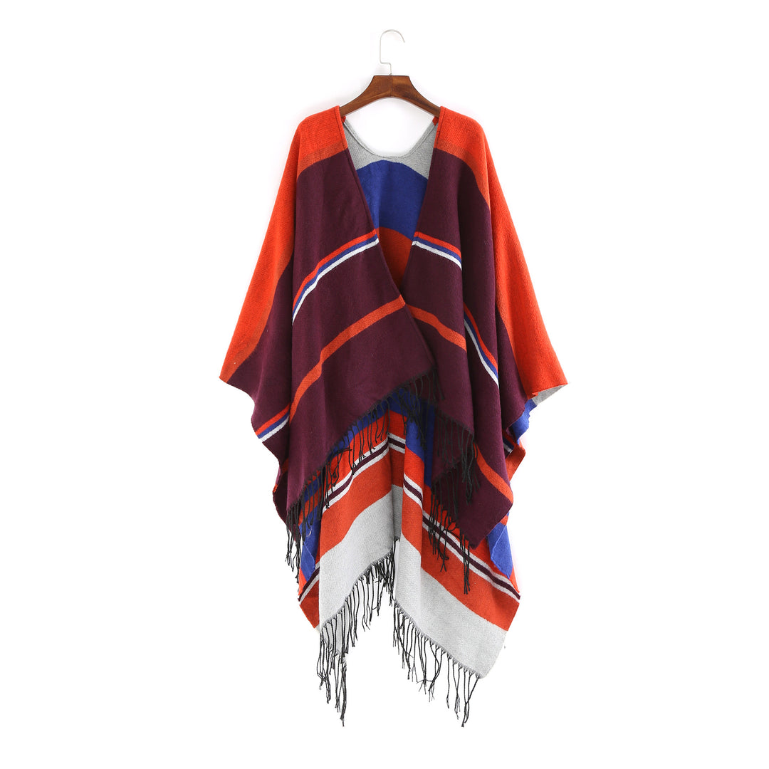 Damen Oversize-Ruana‑Überwurf aus Wollmix mit Zipfelsaum und Fransensaum Drune