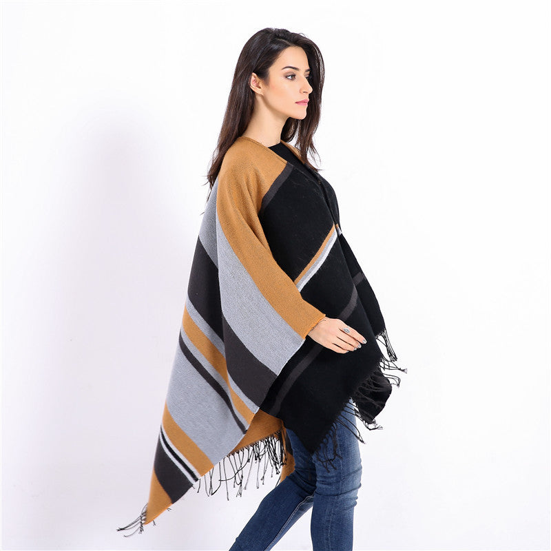 Damen Oversize-Ruana‑Überwurf aus Wollmix mit Zipfelsaum und Fransensaum Drune
