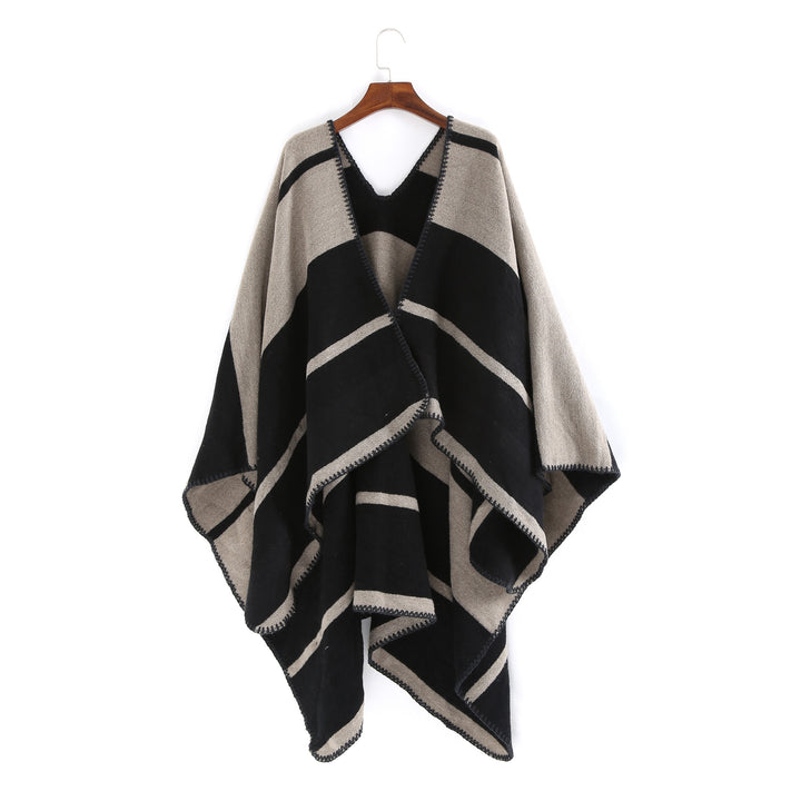 Damen Oversize-Ruana mit geometrischem Blockstreifen und Ziernaht Drune