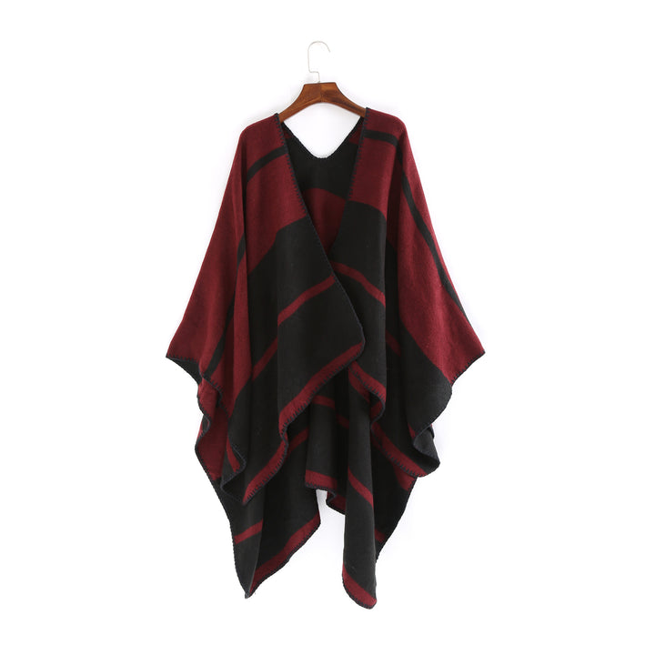 Damen Oversize-Ruana mit geometrischem Blockstreifen und Ziernaht Drune