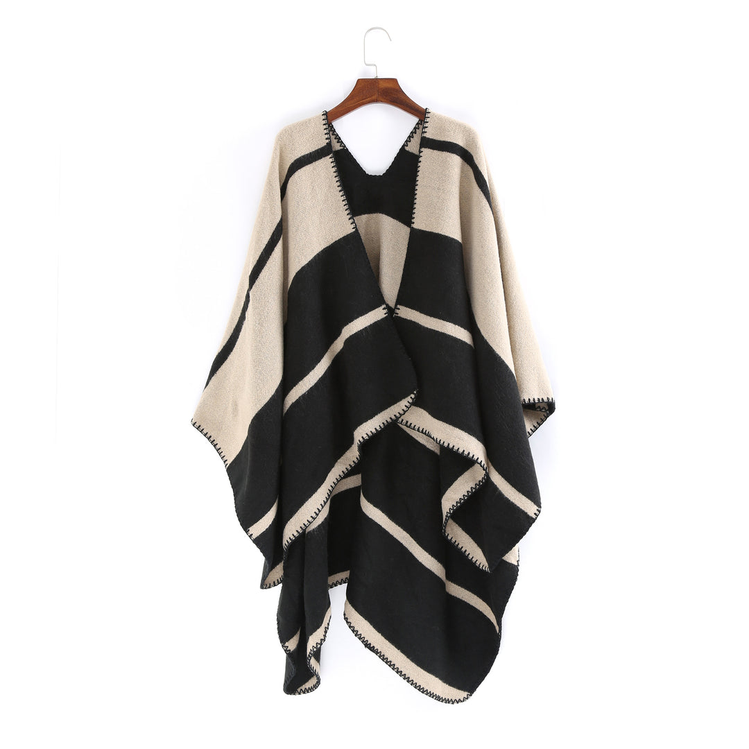 Damen Oversize-Ruana mit geometrischem Blockstreifen und Ziernaht Drune