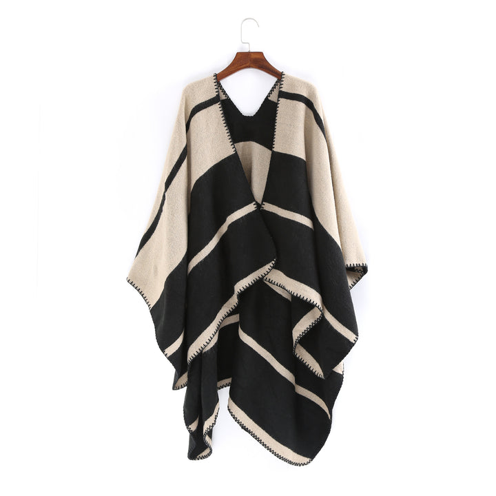 Damen Oversize-Ruana mit geometrischem Blockstreifen und Ziernaht Drune