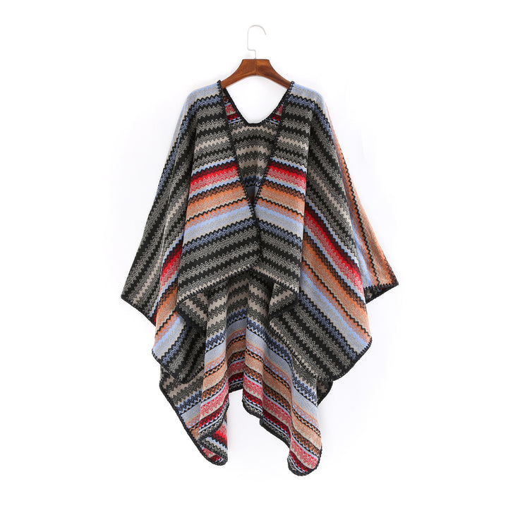 Damen Oversize-Strickruana im Jacquard‑Zickzack mit gehäkelter Kante Drune