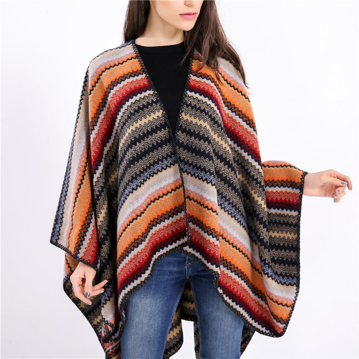 Damen Oversize-Strickruana im Jacquard‑Zickzack mit gehäkelter Kante Drune