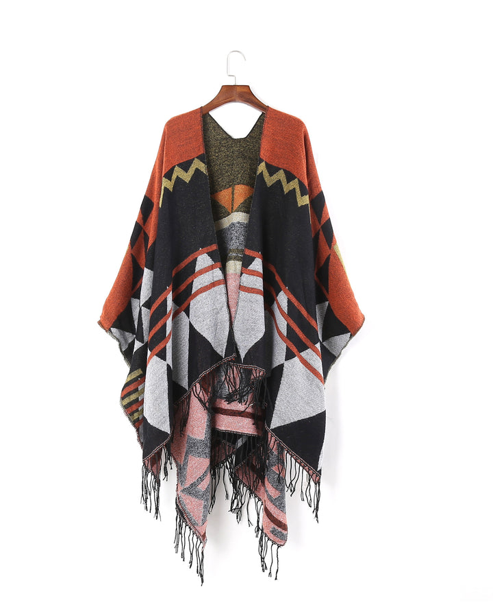 Damen Großer Fransen-Cardigan im Ruana-Stil mit grafischem Jacquard Drune